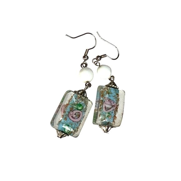 Glass Bead Earrings Rectangular Dangle Handmade Boho Jewelry Gift - Picture 2 of 8